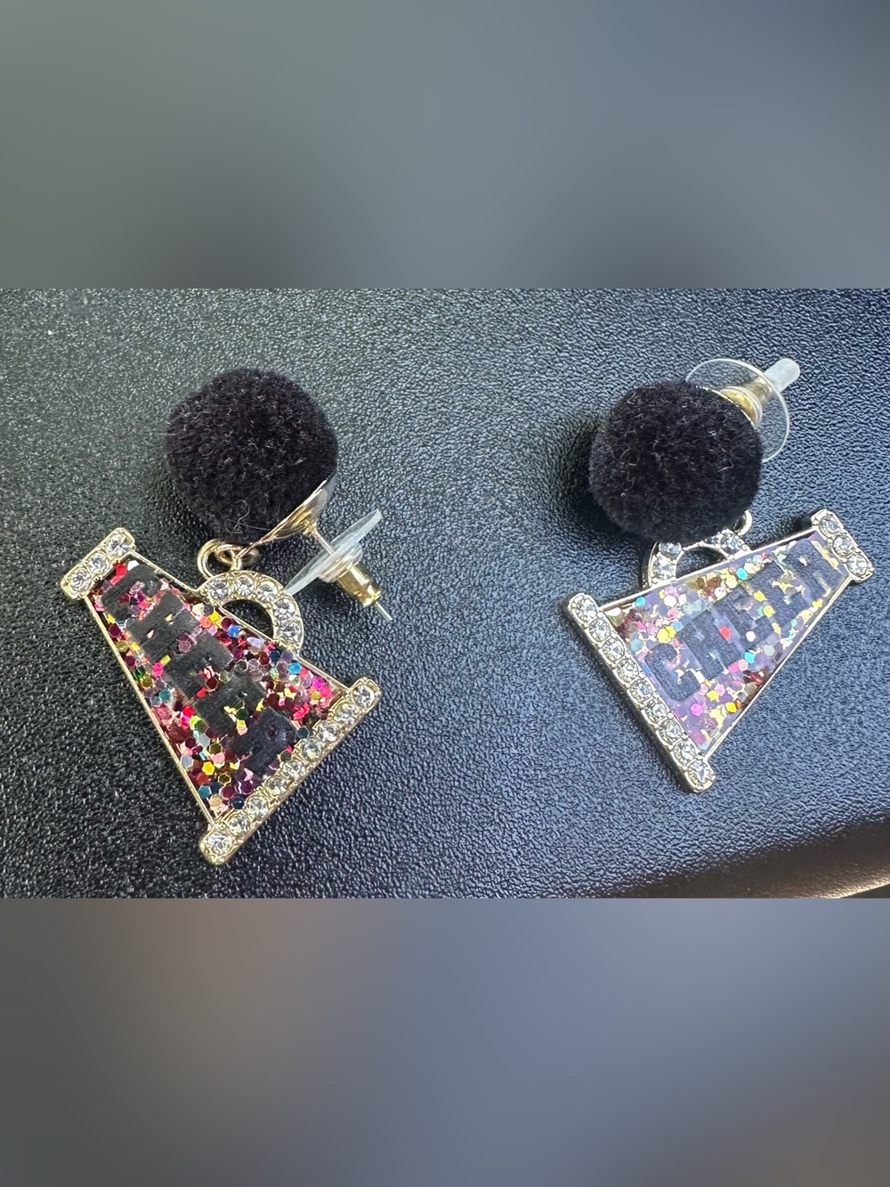 Sugarfix Black Pom-Pom Handbag Dangle Earrings with Multicolor Glitter